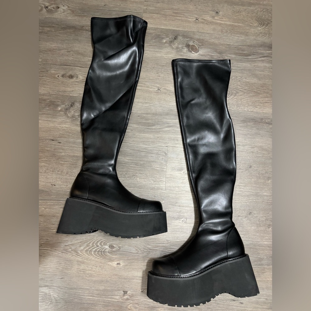 Dolls Kill / Darker Wavs Vegan Stretch Leather Over The Knee Boots